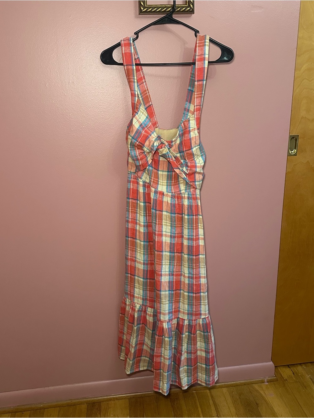 LC Lauren Conrad Coral, Cream & Blue Plaid Maxi Dress with Front Tie